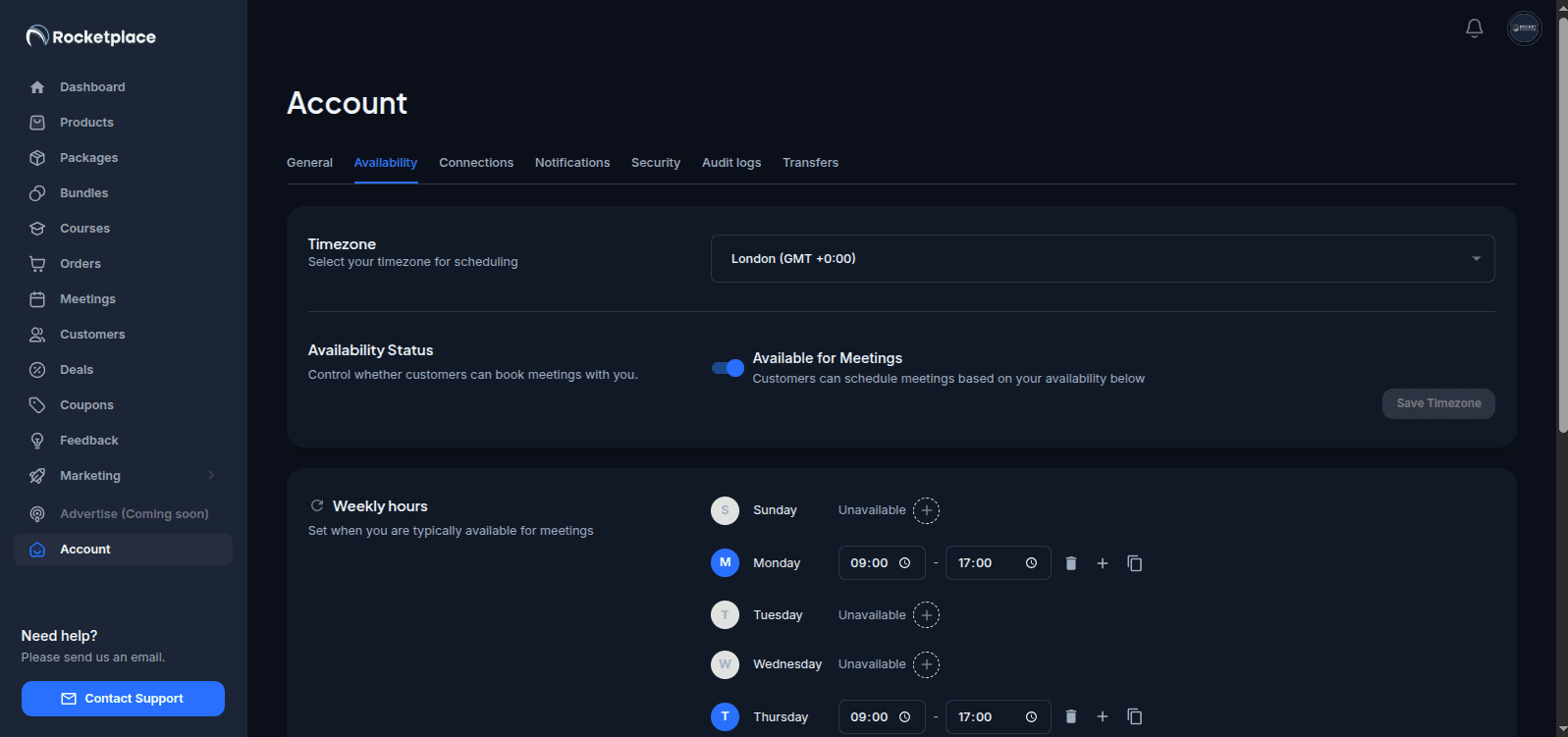 Availability settings page